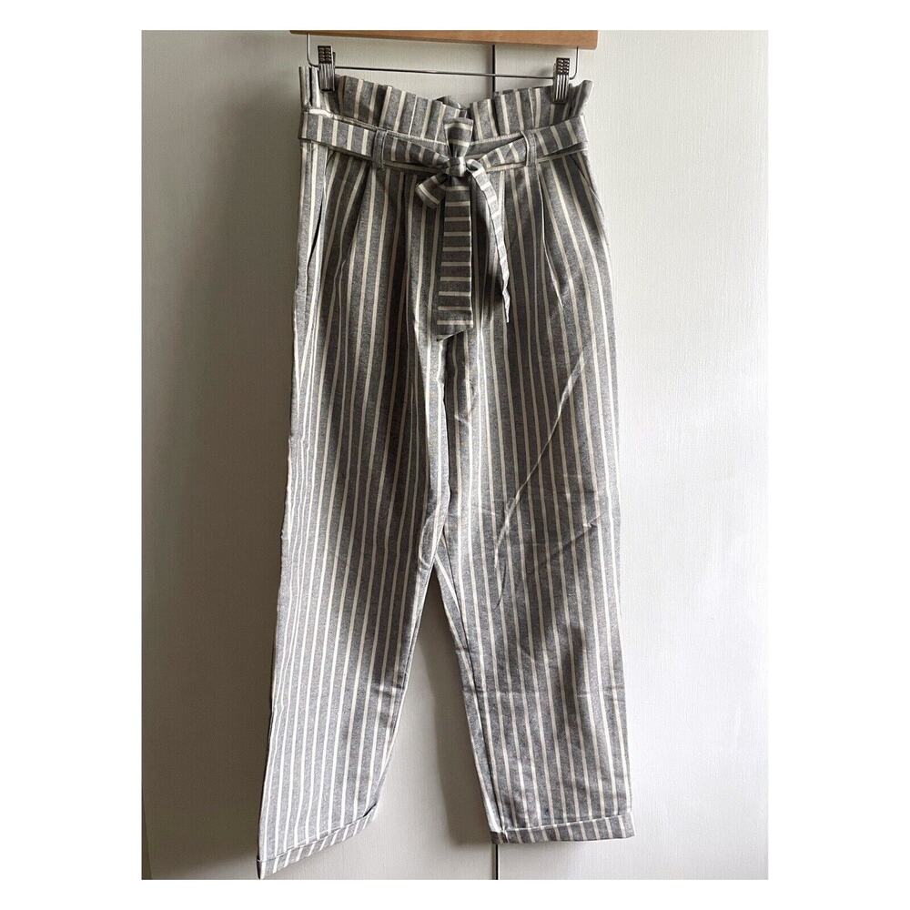 Topshop Pants Womens 6 Blue White Striped Belted Paperbag Waist Careerwear